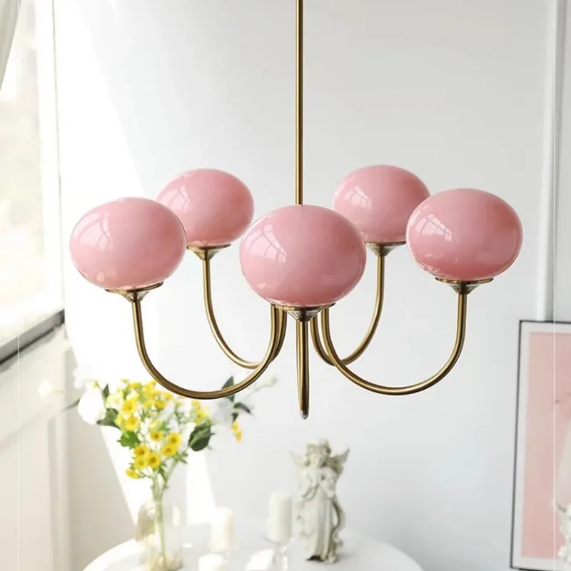 Simple Pink Glass Bedroom Dining Room Pendant Light Suitable for Living Room Study Electroplated Iron LED E27 Pendant Light