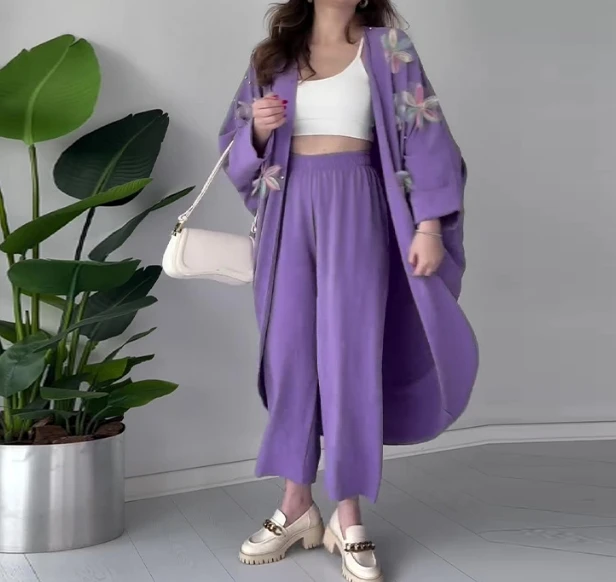 Two Piece Set Women Outfit 2024 Spring Fashion 3D Floral Long Sleeved Open Front Longline Coat & Casual High Waist Pants Set