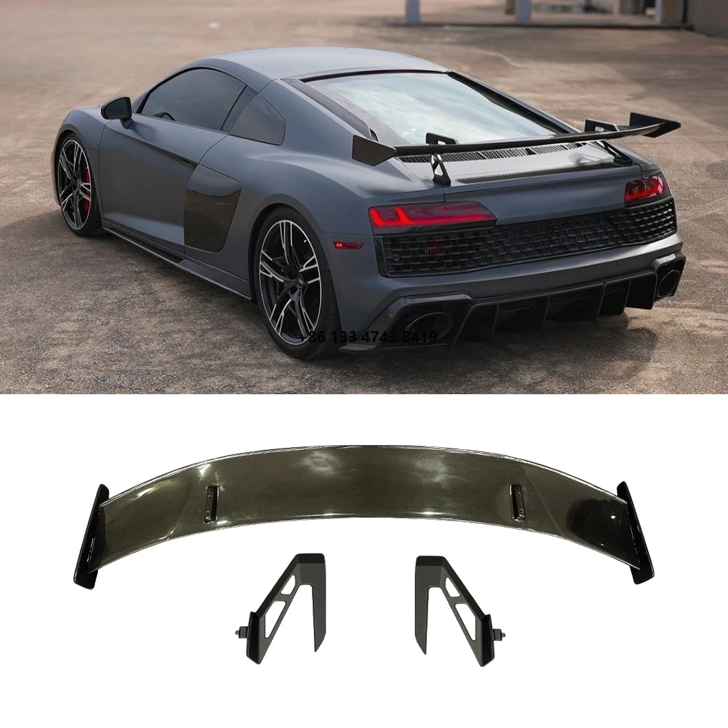 

Высококачественный задний спойлер из сухого углеродного волокна PU для R8 17-23, тип P, с лип-спойлером и канардами