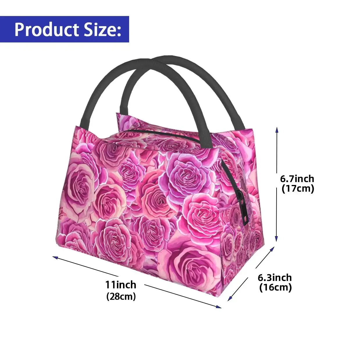 Roses Floral Lunch Bag For Men Pink Flowers Print Lunch Box Kawaii Picnic Cooler Bag Convenient Oxford Thermal Tote Handbags