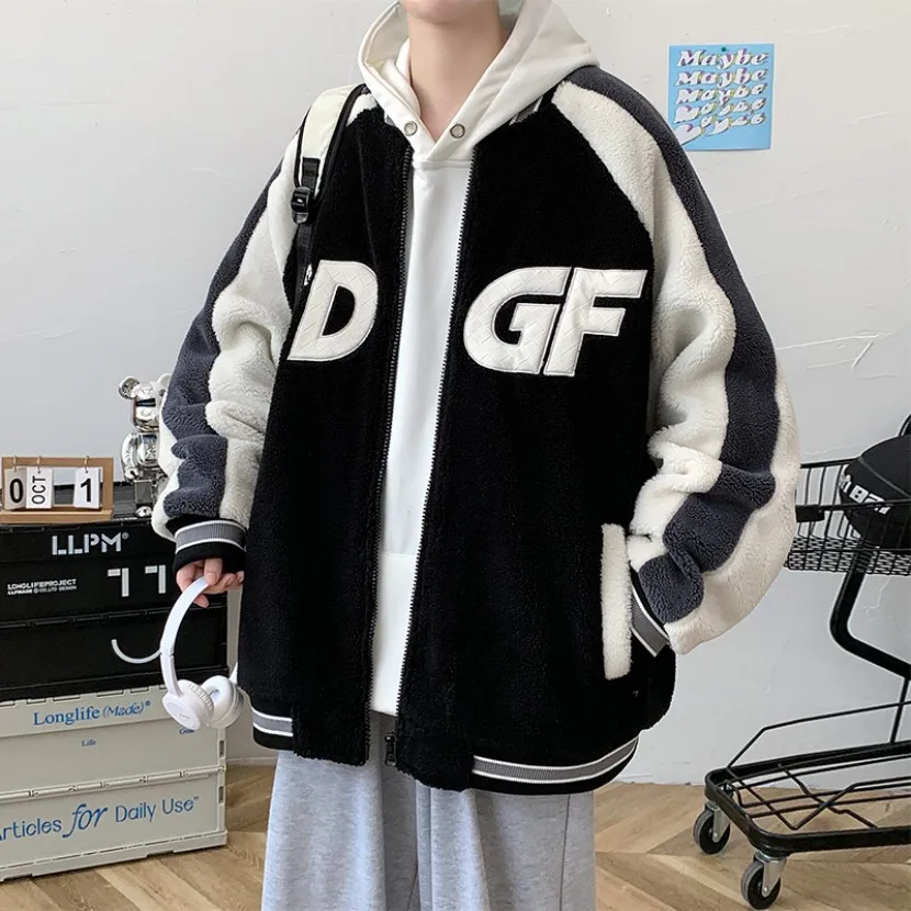 

Lamb Velvet Thiened Cotton Jaet Men's Winter Faion Baseball Coat Warm Youth Casual Loose Fit Color Blo Baseball Collar