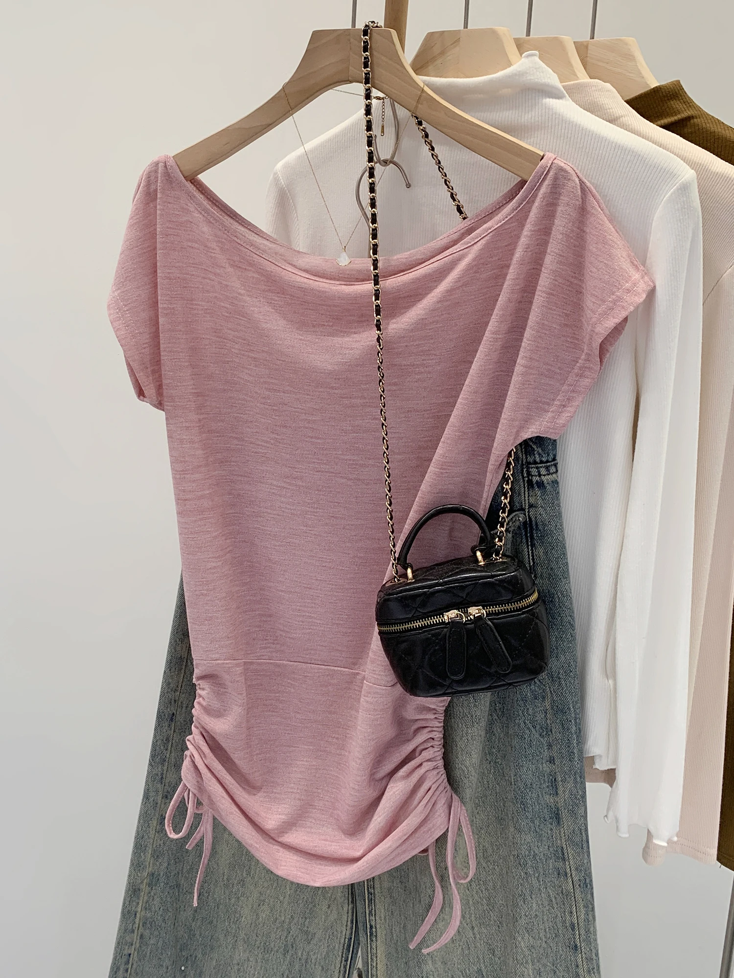 Stunning Pleated Waist Short Sleeve Pink T-Shirt Women's Summer New Pure Bitten Waist Single Wear Top Korean Style Commute
