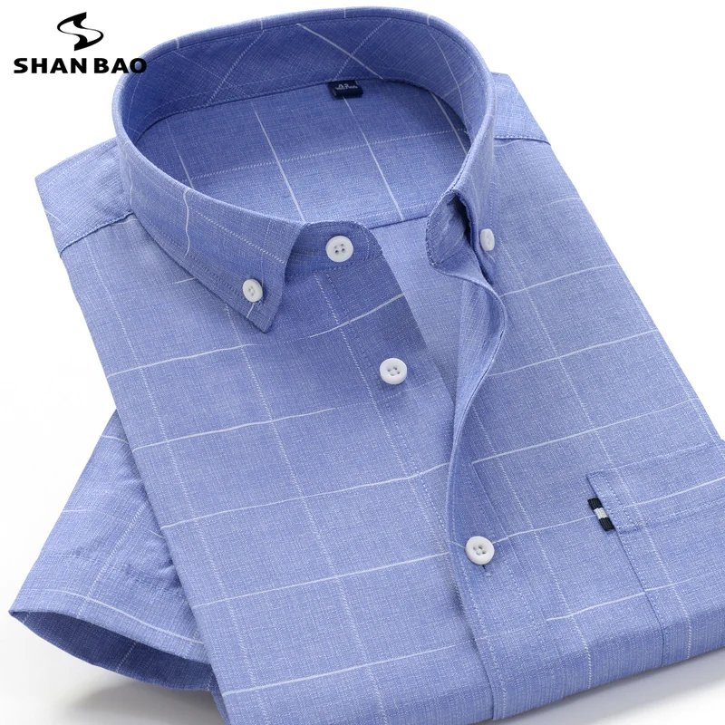 SHAN BAO classic brand men\'s business casual loose plaid short-sleeved shirt 2022 summer professional office large size shirt