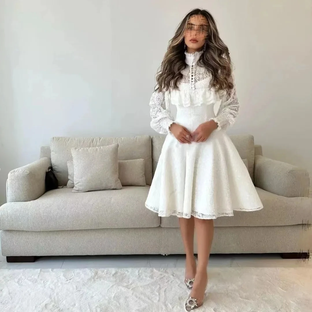 

Flora Dress Elegant White HIgh Neck Saudi Arabia A Line Lace Short Prom Dresses with Long Sleeve Homecoming Evening Party Gown