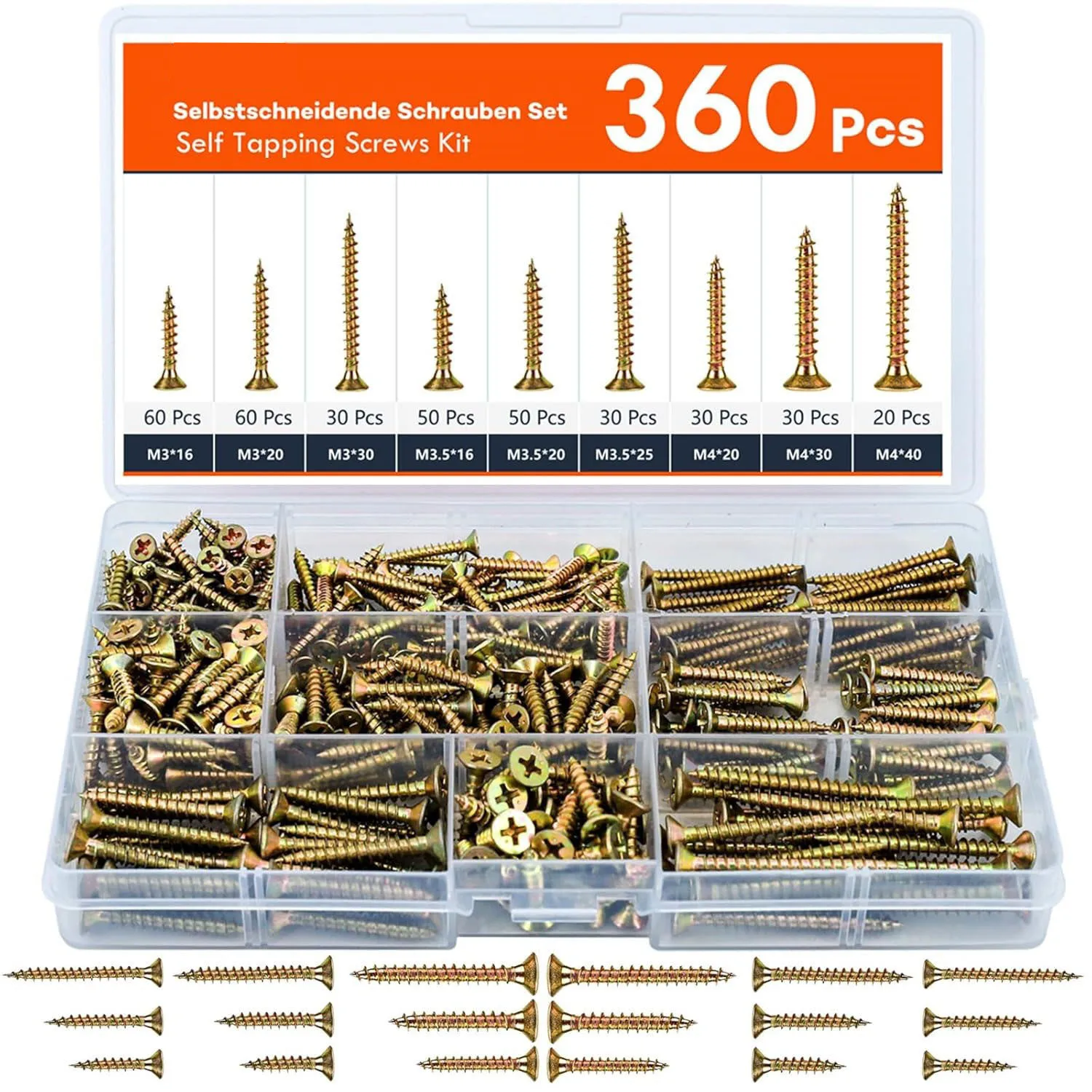 360pcs Wood Screw Kit M3 M3.5 M4 Cross Recessed Fiberboard Screw Zinc Plated Flat Phillips Head Self Tapping Screw for Chipboard