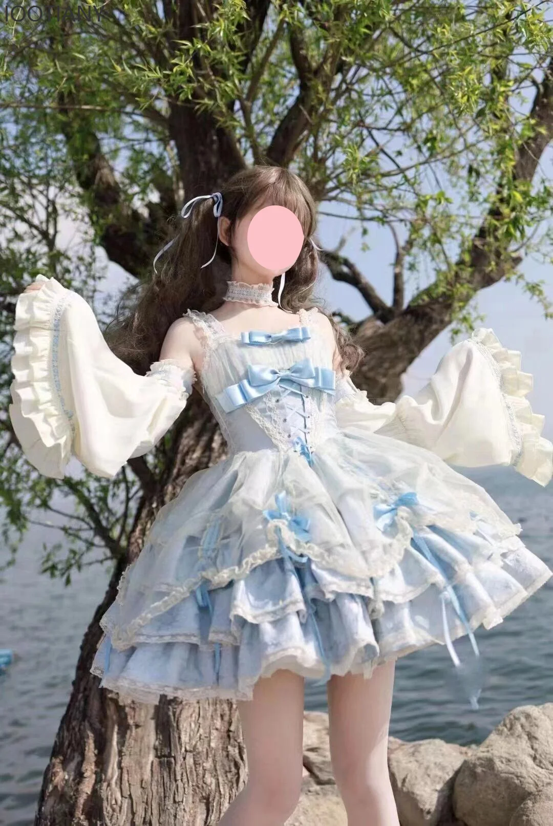 

IOOTIANY Japanese Sweet Lolita Jsk Dress Women's Gothic Y2k Bow Lace Ruffle Evening Mini Dress Girls Harajuku Kawaii Blue Dress