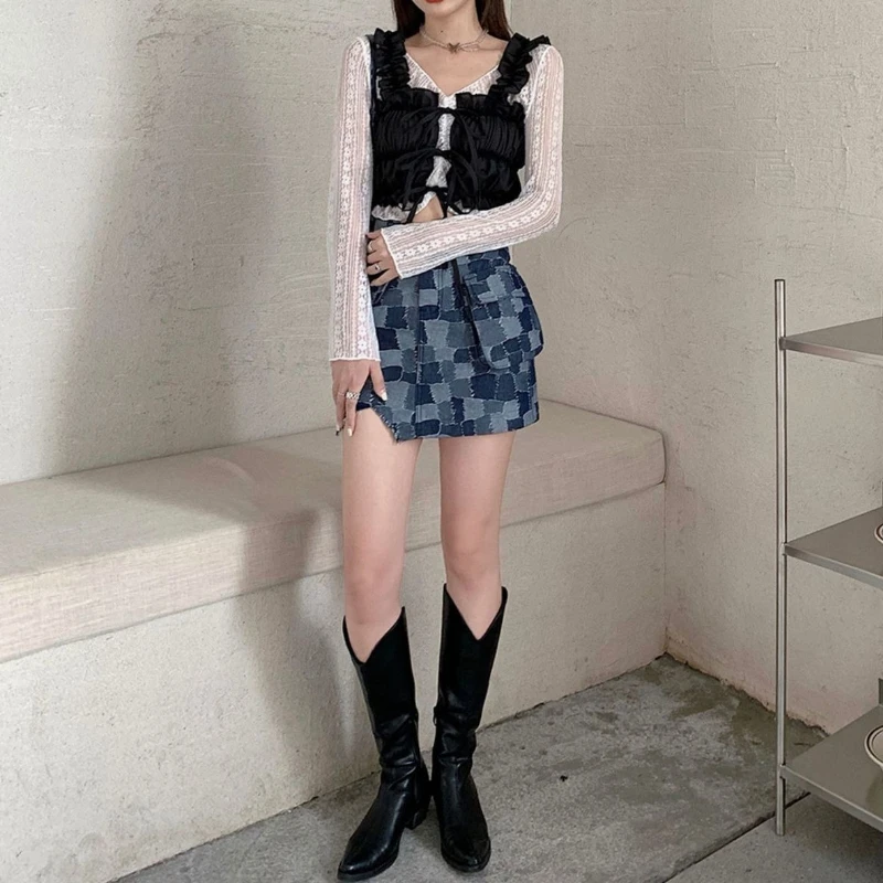 

Женская летняя джинсовая мини-юбка А-силуэта с высокой талией, в клетку, облегающая, сексуальная, с защитой от просвечивания, новинка