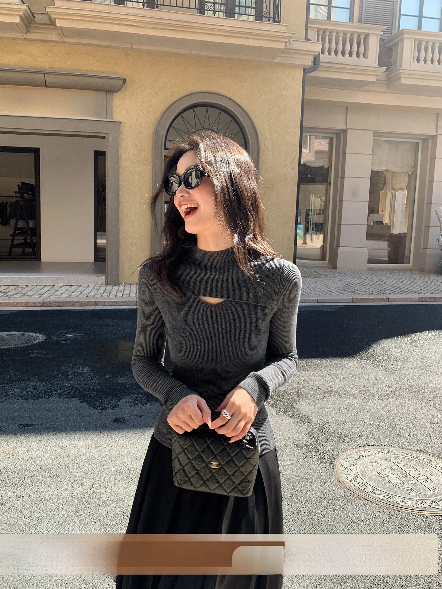 

Lu Jiaxi Women's Slim Fit Long Sleeve Knitted Hollow out Neckline Top Spring Fashionable Base Layer Shirt Casual Simple Style