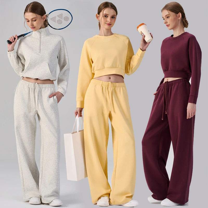 Women Two Pieces Fitness Yoga Set Solid Color Loose Workout Suit Long Sleeve Sweatshirt Jooggers Pants Sportswear Female Clothes