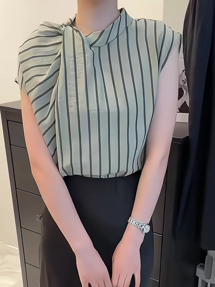 

Elegant Stripe Shirt Women's Loose Knot Design Summer Fashion High Quality Korean Style Casual Wear for plus Size Ladies