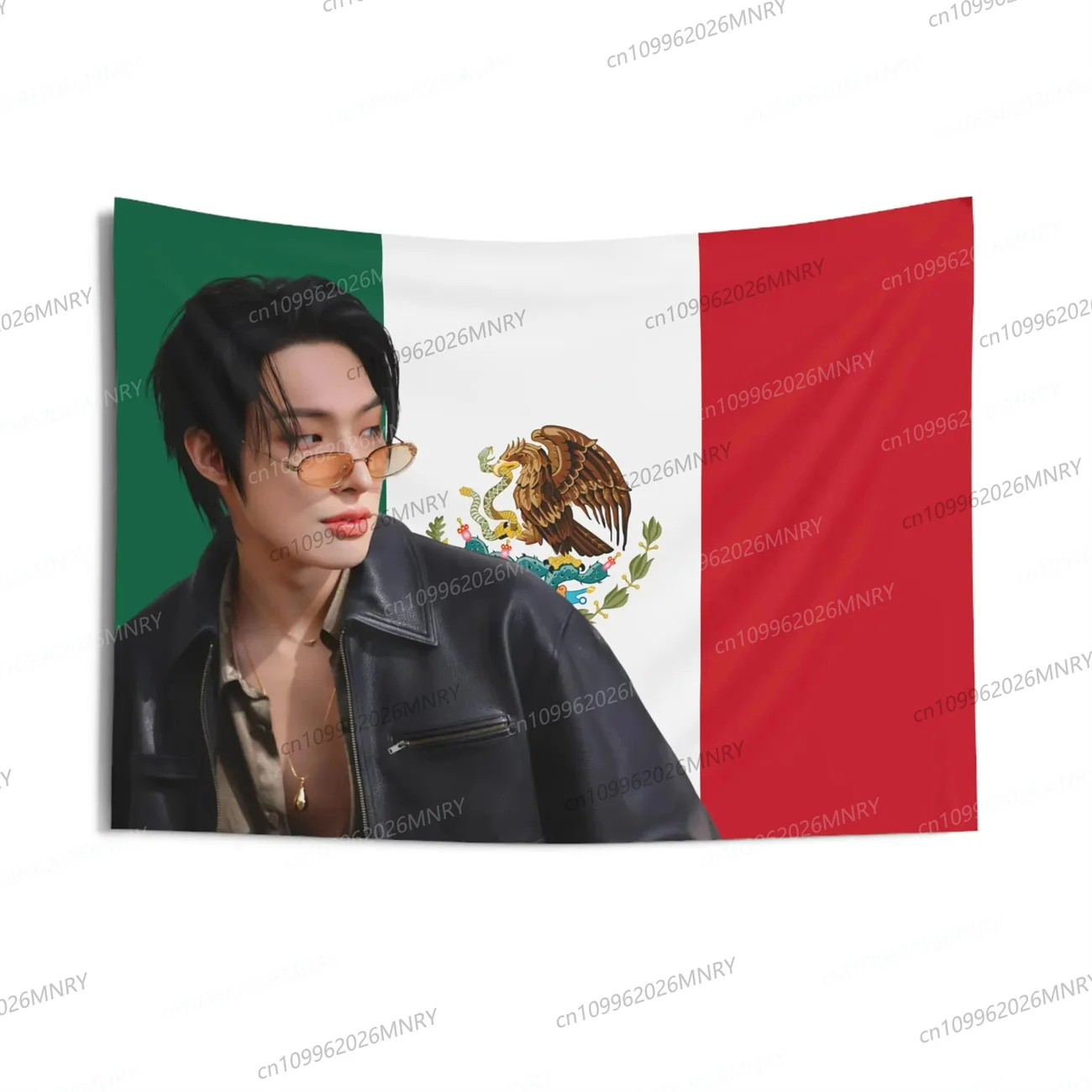 Bandera de Kpop con la bandera mexicana y la cara de Mingi, bandera de concierto de Ateez, Golden Hour Part 3 In Your Fantasy, tapiz de la gira mundial de Ateez