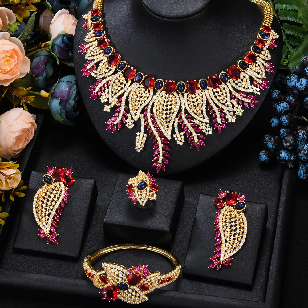 

Siscathyy Nigerian Indian Luxury Full Micro Zircon Leaf Necklace Wedding Celebration Jewelry Set For Women Bride Engagement