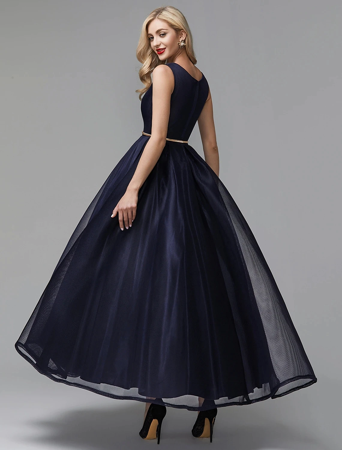 2023 Dark Navy Organza ชุดราตรี V คอความยาวข้อเท้าอย่างเป็นทางการ Gowns Robe De Soirée Femme