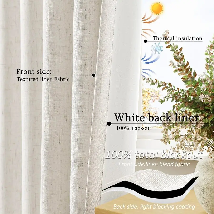 Pleated Linen Blackout Curtains 96 Inches Long for Living Room 2 Panel Set Cream Natural 100 Black Out Pinch Pleat Hooks Rings B view 6