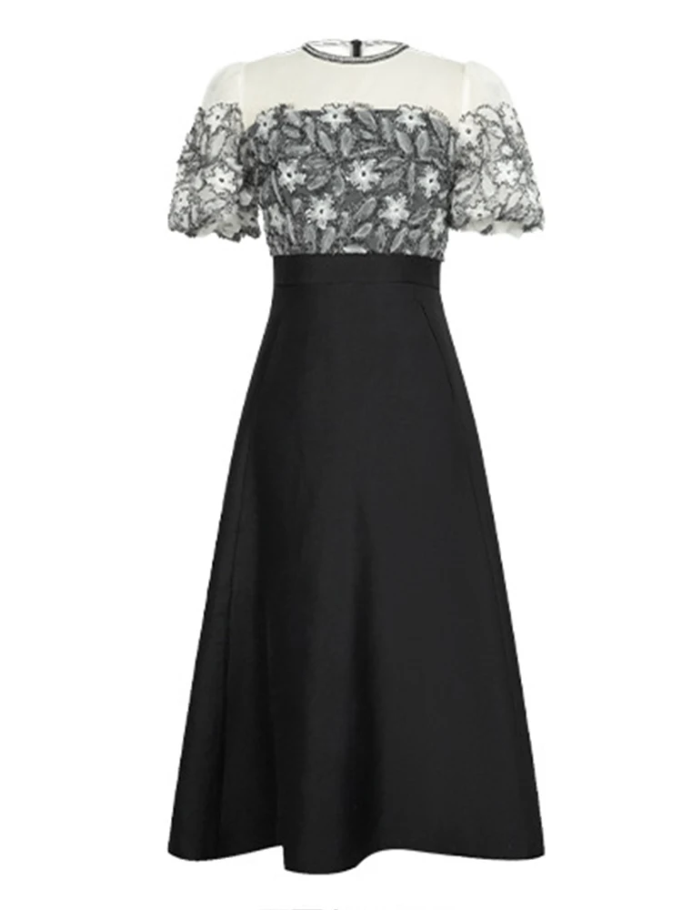 Damska Sukienka Wieczorowa Czarna Koronkowa Imitacja Dwuczęściowa Krótki Rękaw Wyszczuplająca Linia A Długa Elegancka Modna Impreza Bal Studniówkowy Vestido Robe Lato