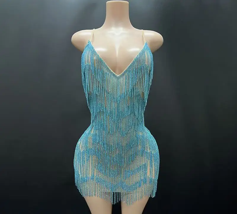 

Host Singer Performance Clothes Long Jump Small V Latin Sexy Tassel Package Big Diamond Tight Show