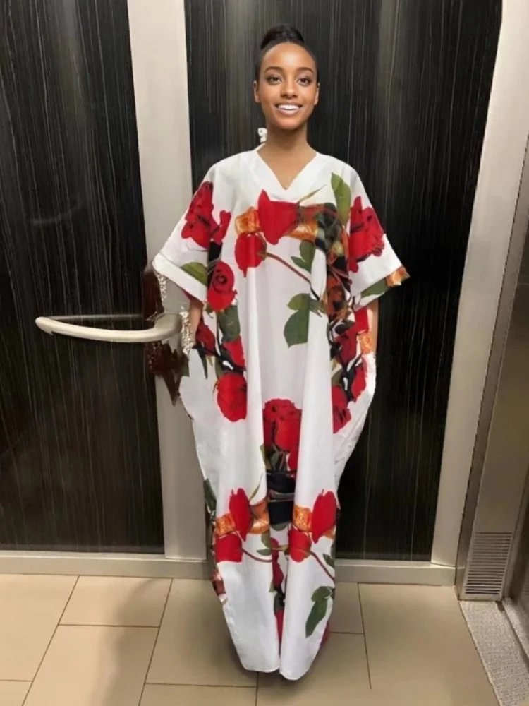 

2025 New Fashionable and Elegant Women's Summer Loose Maxi Skirt V Neck African Floral Print Polyester Pocket Pocket V Neck