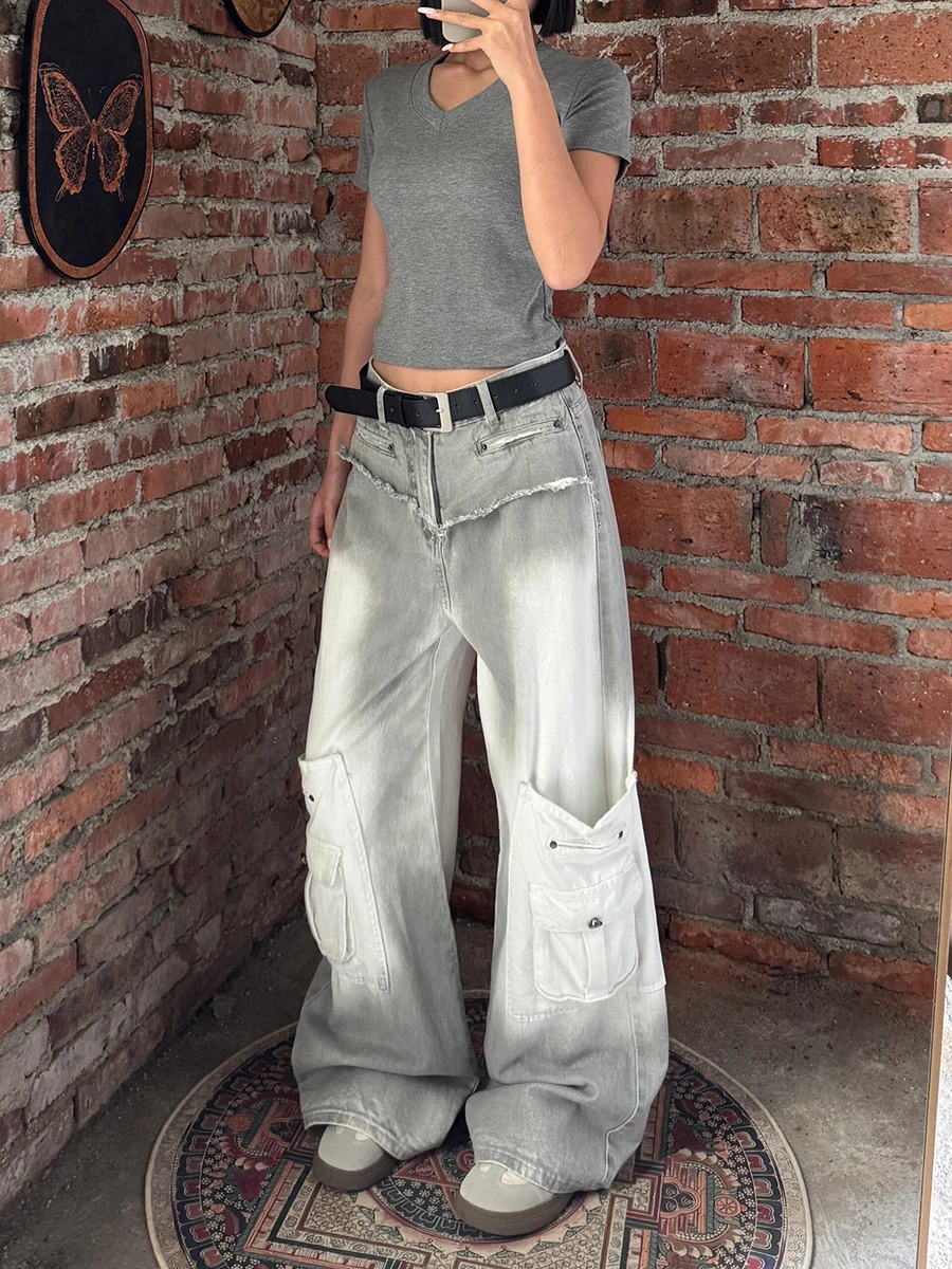 ReddaChic Celana Kargo Multi-saku Abu-abu Retro Wanita Jeans Lurus Kaki Lebar Naik Tinggi Kelim Mentah Gradien Wanita Y2k Pakaian Jalan Antik