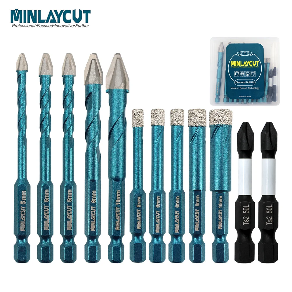 

MINLAYCUT 10pcs 5*2/6*4/8*2/10*2mm Quick Fit Shank Carbide Tipped Drill Bits 2pcs Phillips Bit Tile Wood Plastic Marble Glass