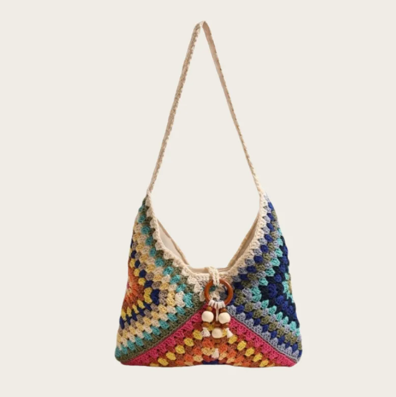 Ethnic style shoulder cotton thread new color grandmother grid grass woven bag, vacation style beach versatile women's bag