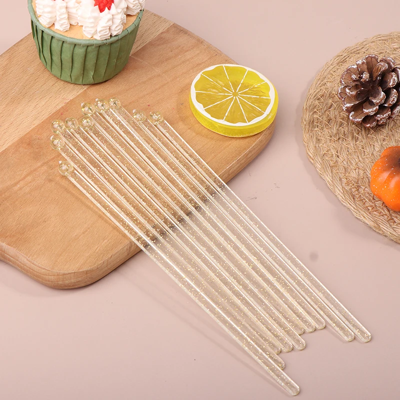 10Pcs Gold Glitter Plastic Swizzle Sticks Crystal Cake Cocktail Coffee Drink Stirrers Lolly Stick Wine Agitators Bar Tools