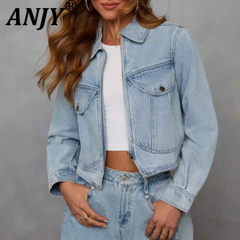 

ANJY Autumn New Women's Fashion High Street Y2K Vintage Turn-down Collar Pockets Zipper Denim Jacket Casual Wide Leg Jeans A8056