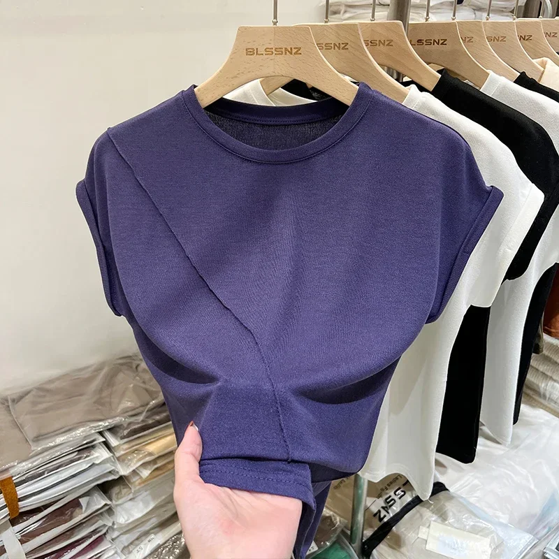 

2025 Short Sleeve T-Shirt Women Solid Simple Casual Soft All-Match Basic Tops Tees Summer Fashion Tops Black White