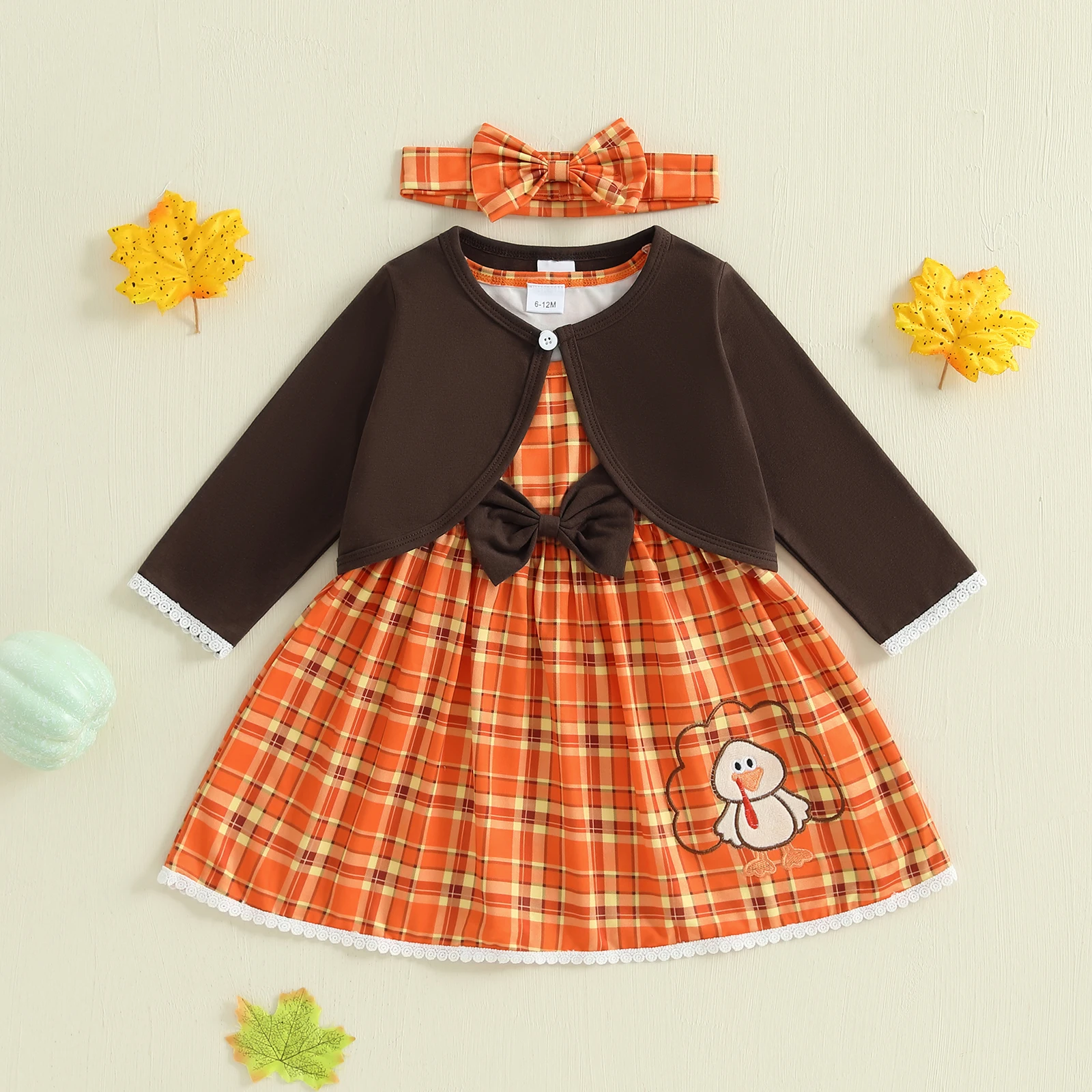

Lioraitiin Toddler Baby Girl Thanksgiving Clothes Set Turkey Pattern Sleeveless Plaid Dress Long Sleeve Cardigan Headband Outfit