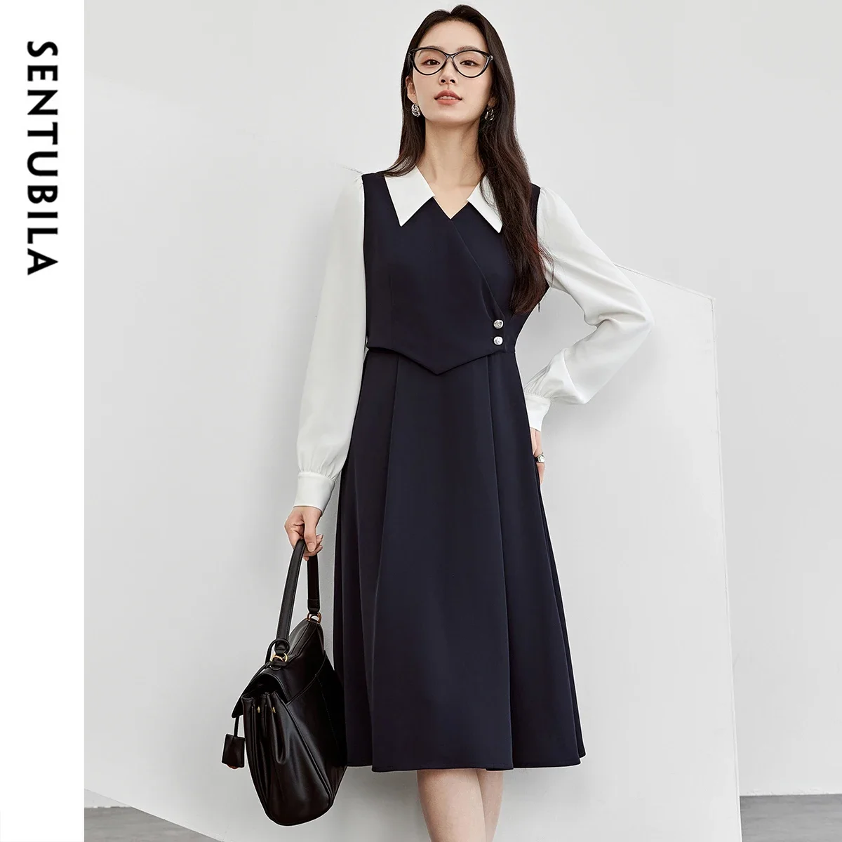 

SENTUBILA Preppy Style Dresses Women 2025 Spring Fall Spliced 2 in 1 V Neck Long Sleeve Commute A-line Midi Dress 151L57737