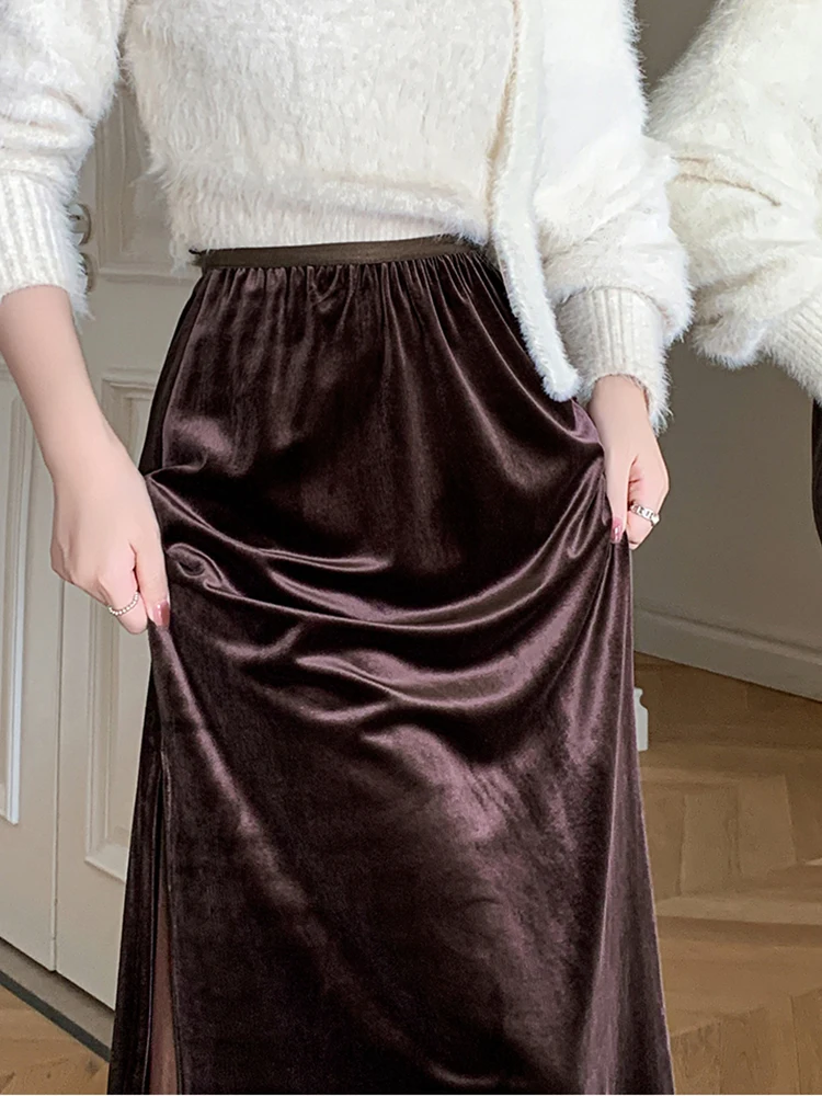 Jupe longue femmes 2025 automne hiver nouveauté taille haute élastique jupe marron ou noire avec jupes en velours Ling femmes