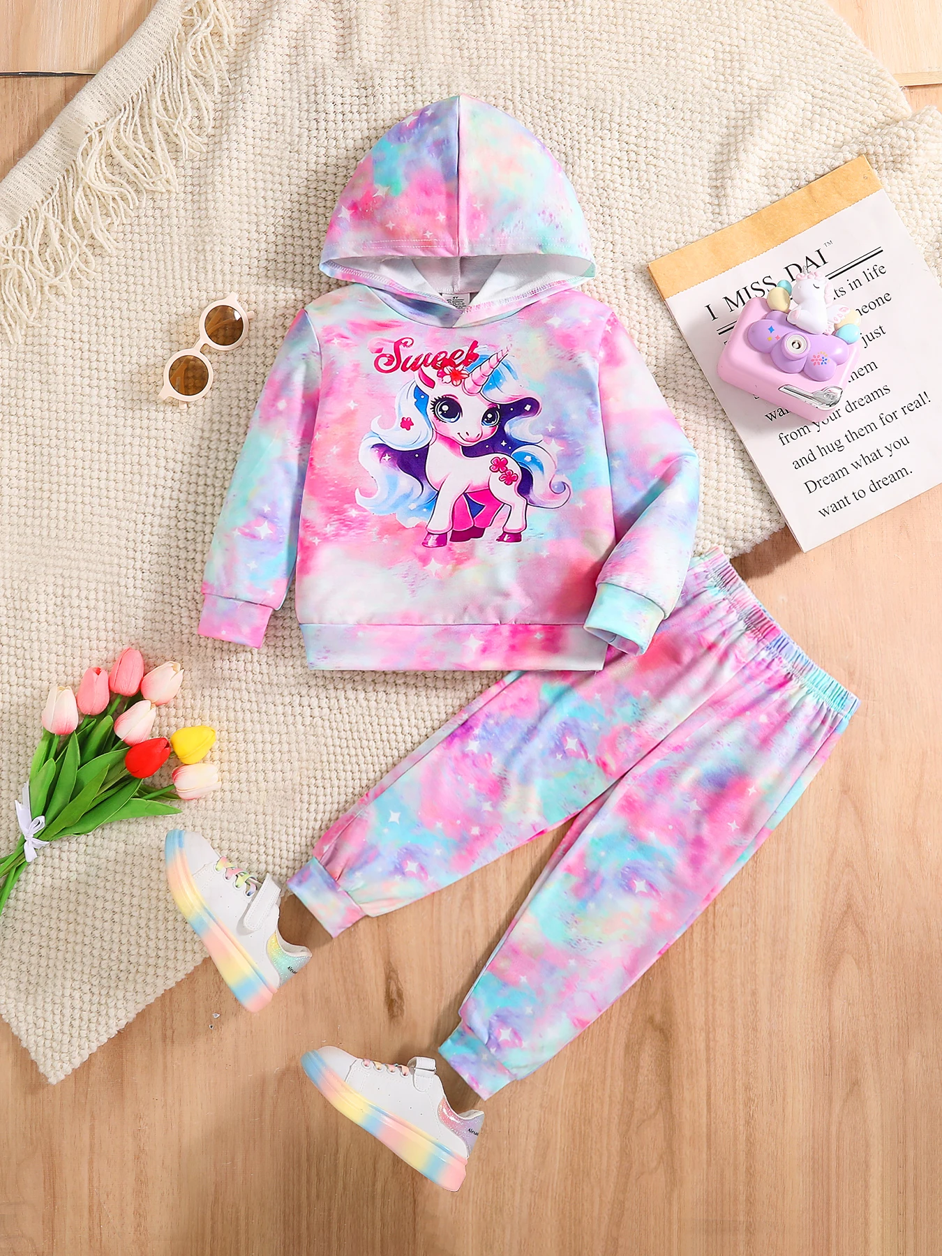 2 new fashion suits for girls in autumn multi-color cartoon printed hoodie + multi-color slim pants