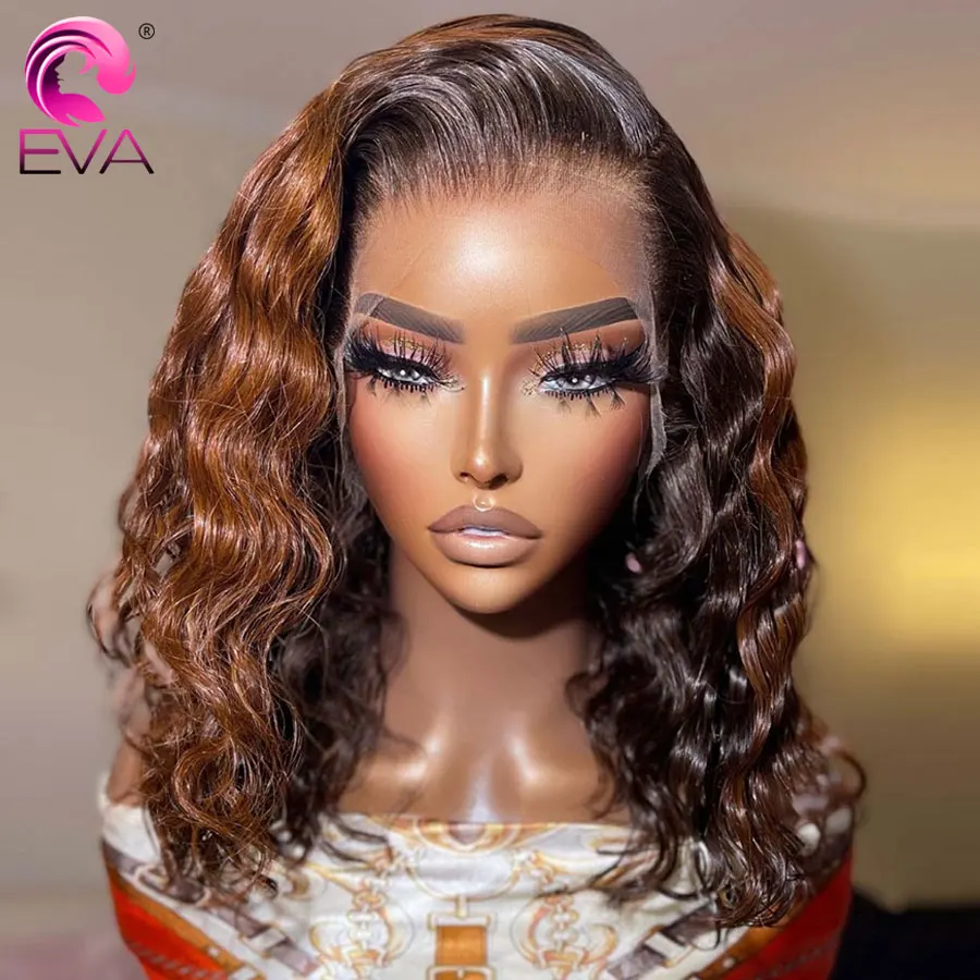 Eva Hair Side Part Copper Highlights On Brown Wavy Lace Frontal Wig 13x6 Human Hair Wigs Pre Plucked Colored Short Wig For Women