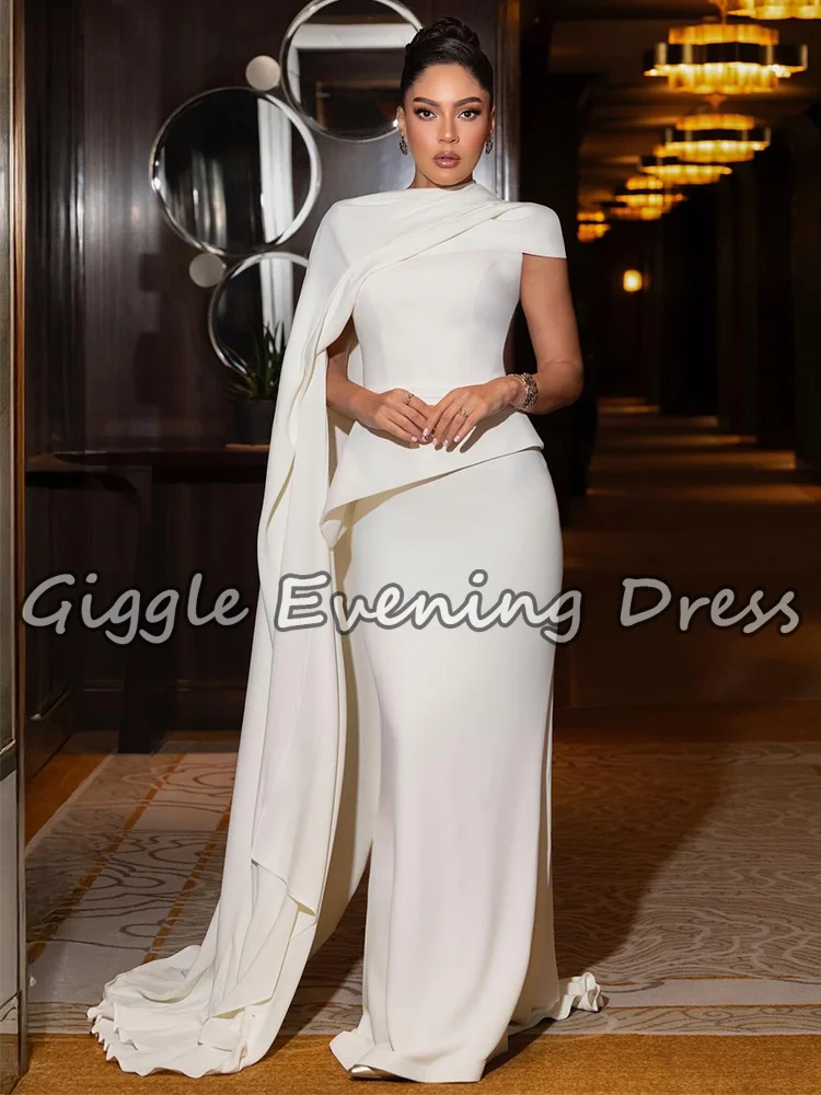 Giggle Elegant Ivory Cape Evening Party Dresses High Neck A-Line Simple Saudi Arab Formal Occasion Gown Floor Length Customized
