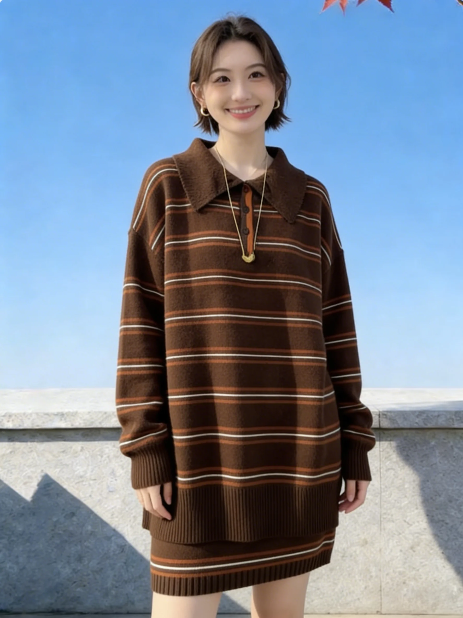 

Весенняя новинка: Модный женский комплект из трикотажа в полоску с высокой талией, мягкий, в расслабленном стиле, свободного кроя, с длинными рукавами и отложным воротником