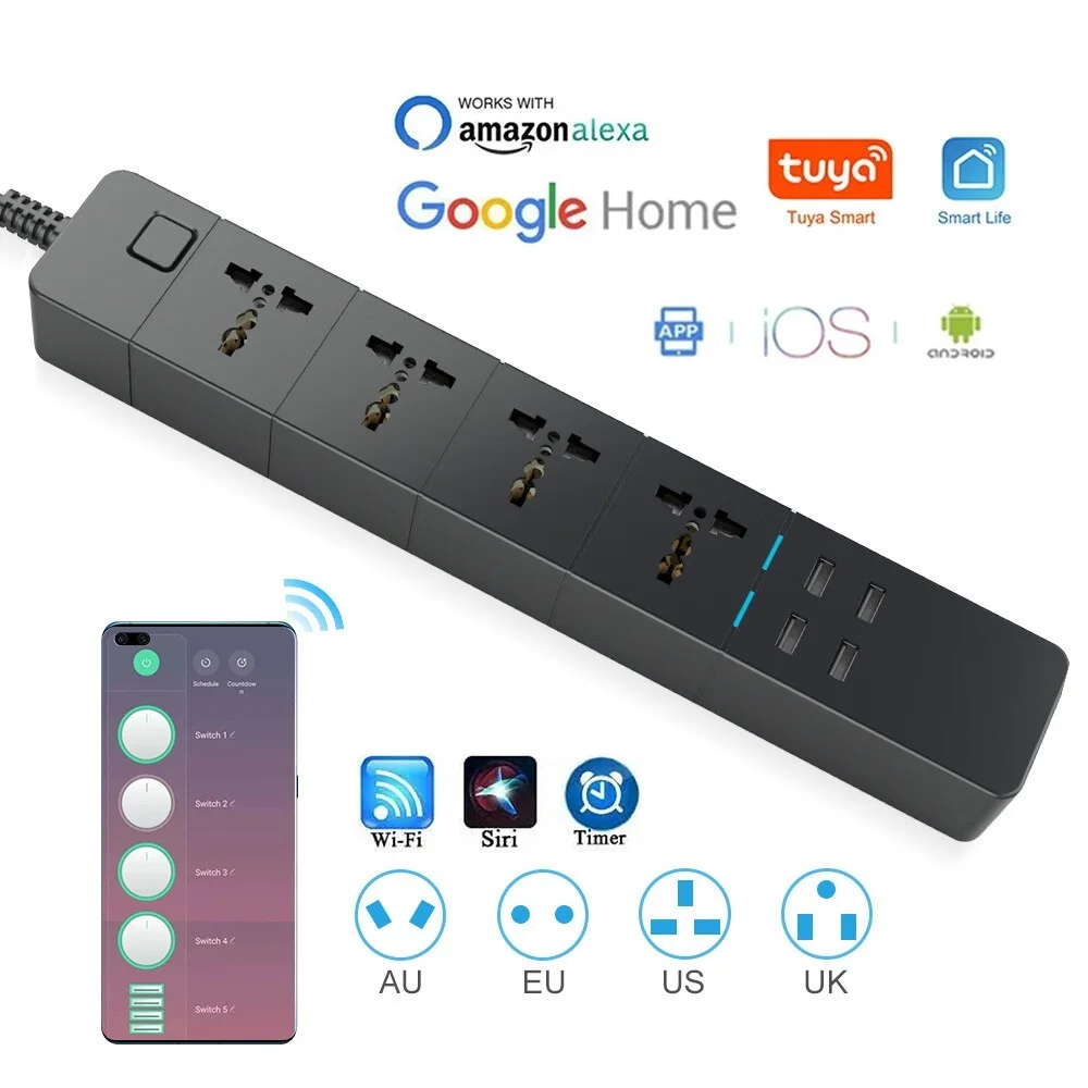 To WIFI Smart Power Strip Universal Works With Alexa Googlehome Multi Plug four takes 6AC Socket 4 USB Voice Contro UK/EU/US/AU