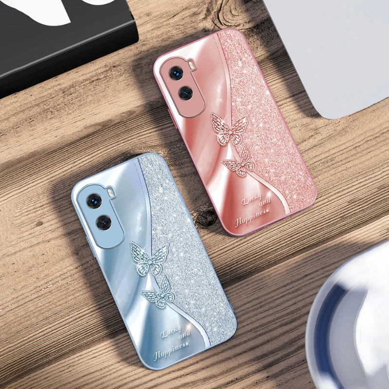 Golden Butterfly For Honor 200 90 8X 9X Pro Lite P50 P40 Nova 10 11i P60 Magic4 6 Mate 20 50 Tempered Glass Phone Case