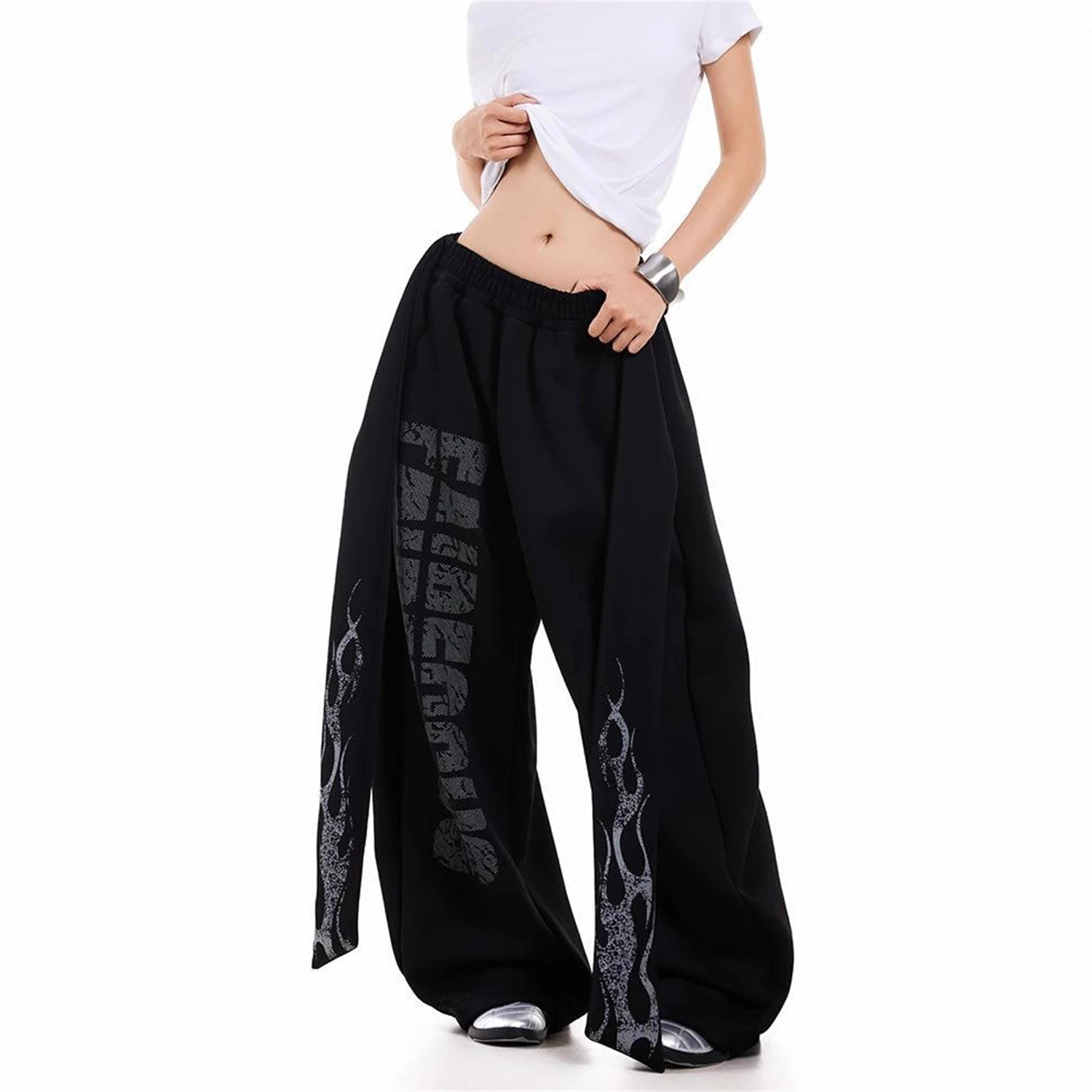 Y2K Women's Black Wide Leg Pants 2025 New Fashion Flame & Letter Graphic Print Loose High Waist Casual Streetwear Trousers