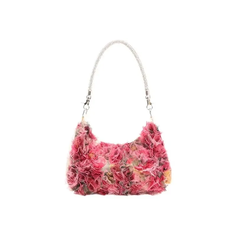 New Flower Grab Design Crescent Bag Women's Fringed Floral Cloth Exquisite Drill Rope Commuter Armpit Bag Vacation Shoulder Bag