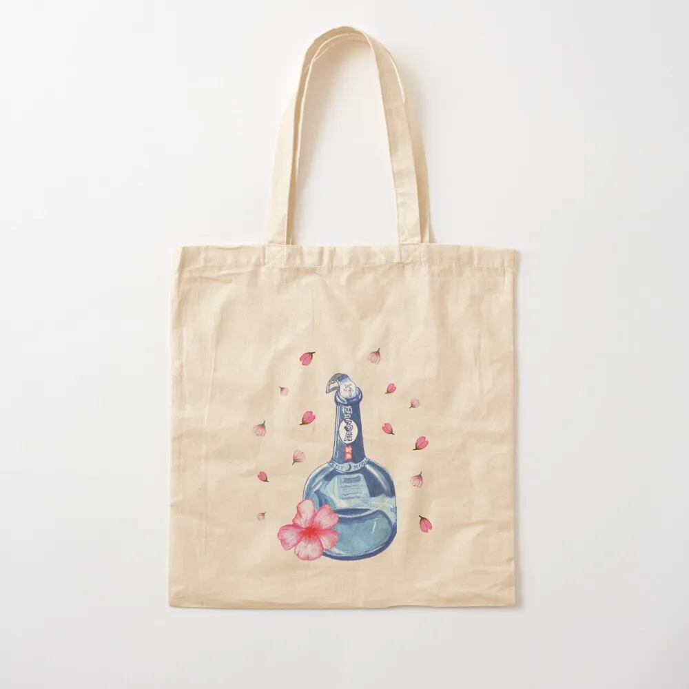Round Blue Bottle and Pink Sakura Flowers Japanese Pattern Tote Bag cloth bag woman Women bags