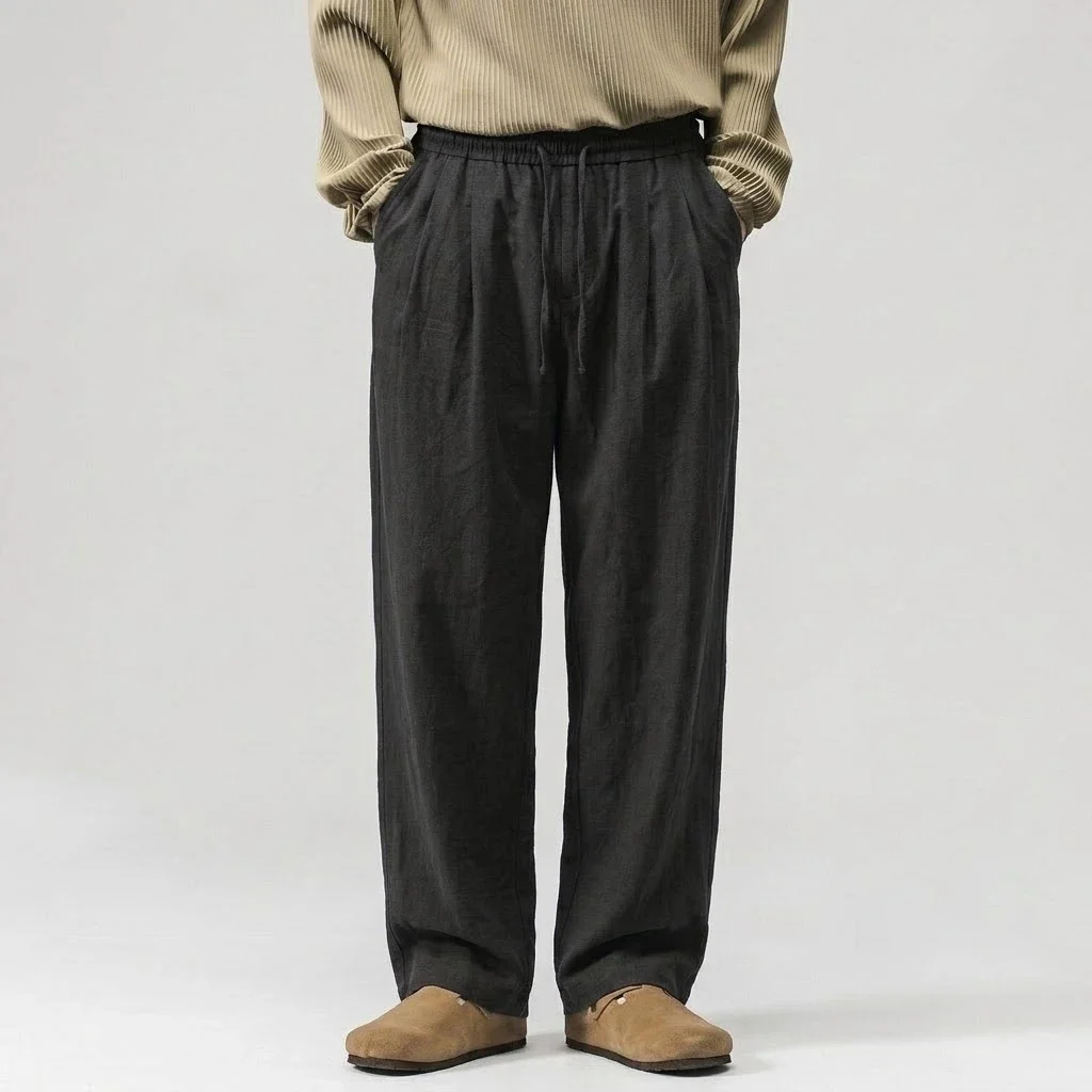 Mens Relaxed Trousers Drawcord Elastic Waist Broad Leg Straight Cut Slacks Light Autumn Linen Bottoms Airy Loose Fit Pants