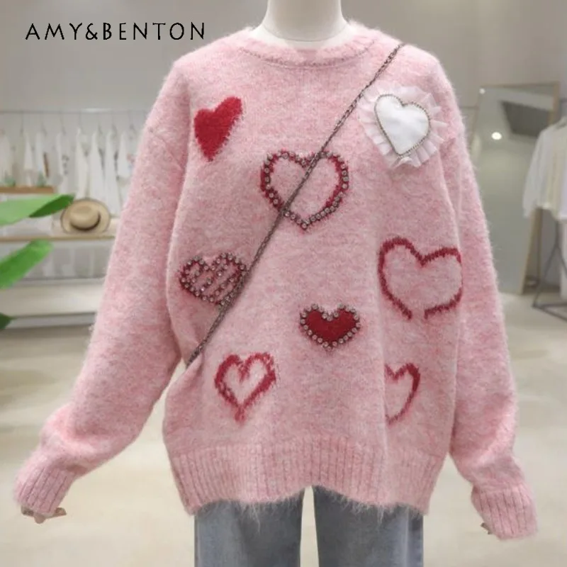 

Sweet Lining Skin Tone Heavy Industry Love Diamond Drills Knitwear New Autumn Loose Thickened Warm O-neck Pullover Sweater Women