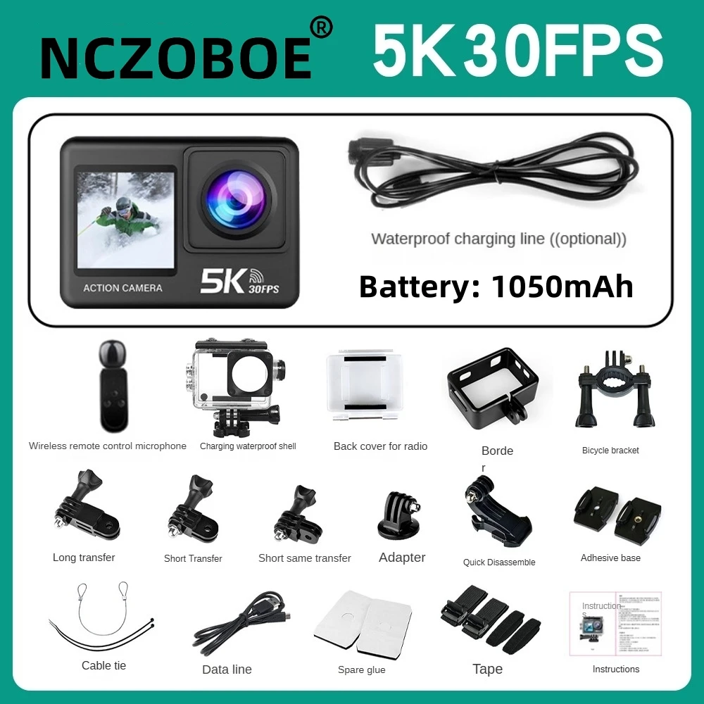 

NCZOBOE 5K 30FPS Action Camera 48MP 2" Touch Dual Screen Wi-Fi EIS 170° DVR Webcam Wireless Mic 30M Waterproof Sport Camera