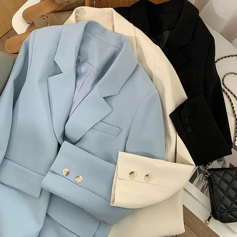 Spring 2025 Women's Blue  Jacket Fashion Commute Style Long Sleeve Double Button Pure Color Thin Polyester Ladies Coat