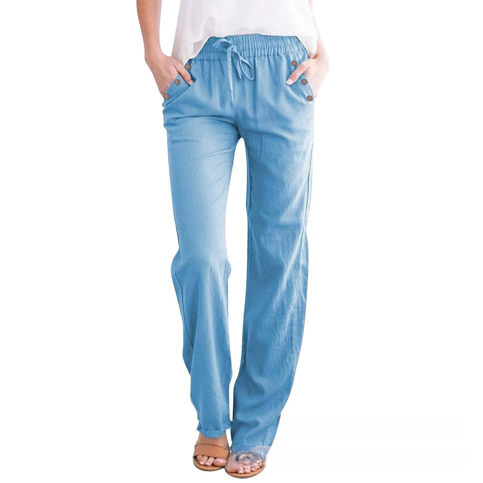 

Spring Summer New Pure Color Cotton Linen Loose Drawstring Button Casual Wide Leg Pants Women's Loose Fit Straight Leg Trousers