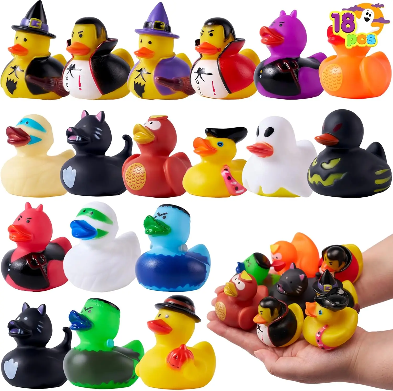 18PCS Halloween Fancy Novelty Assorted Rubber Duck for School Classroom present Bath Toy Prize Ducky,Trick or Treat Filler Party