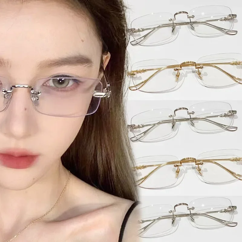 New Fashion Eyeglasses Frameless for Women Men Silver Rectangle Glasses Anti Blue Light Small Square Sunglasses with Metal Frame