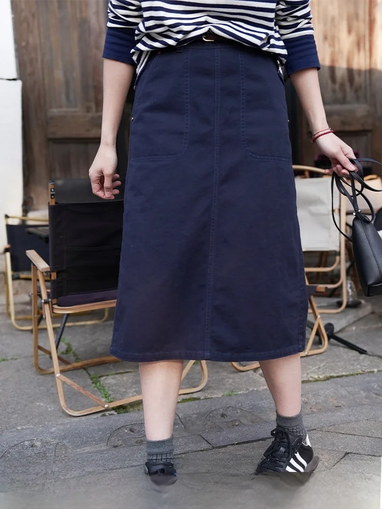 

Pure Cotton A-Line Skirt Women's Casual Mid-Length Spring New Style Zhou Xiaoya Dark Blue High Waist Comfortable Skirt