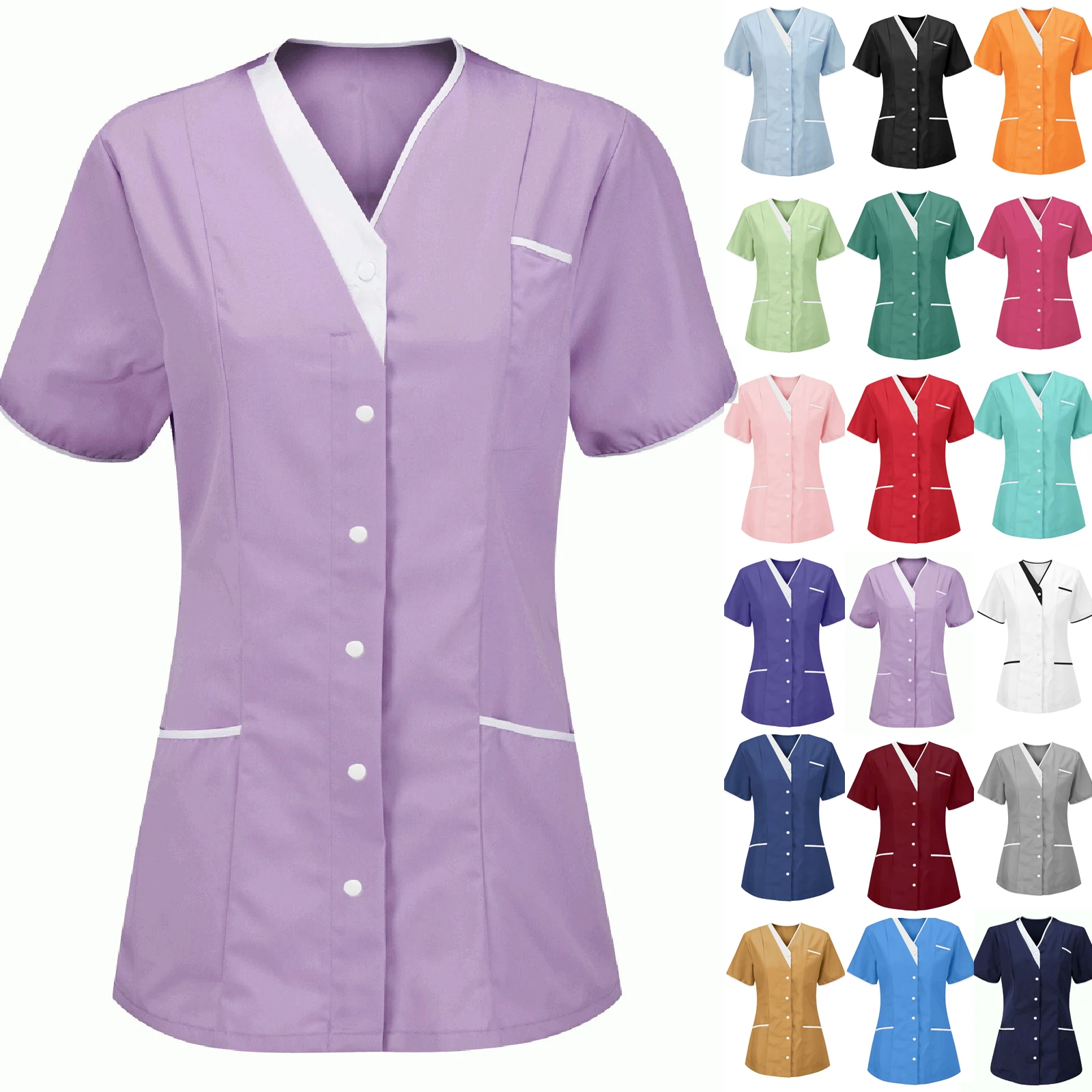 

2025 New Women's Uniform Quick-drying Fabric Solid Color V-neck Short-sleeved Uniform