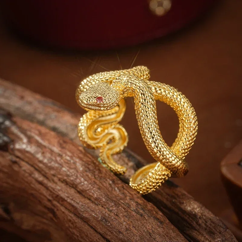 Vintage Personalized Twisted Python Adjustable Ring Men and Women Punk Gold Color Three-dimensional Snake Ring Creative Jewelry