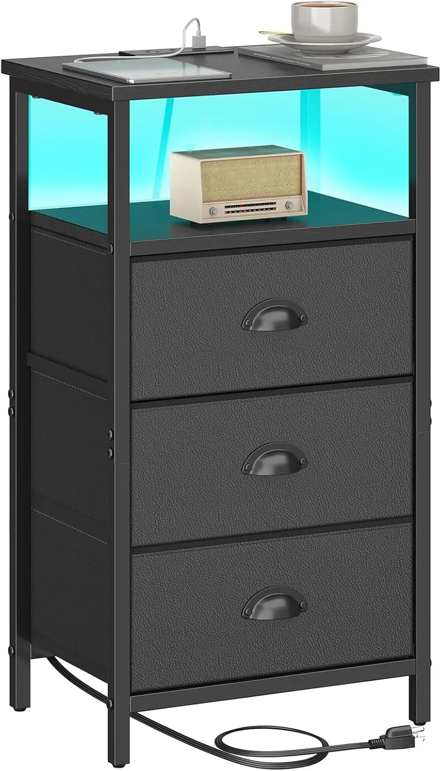 

LED Nightstand with Charging Station, 3 Drawers and Open Shelf, Black Bedside Table for Bedroom